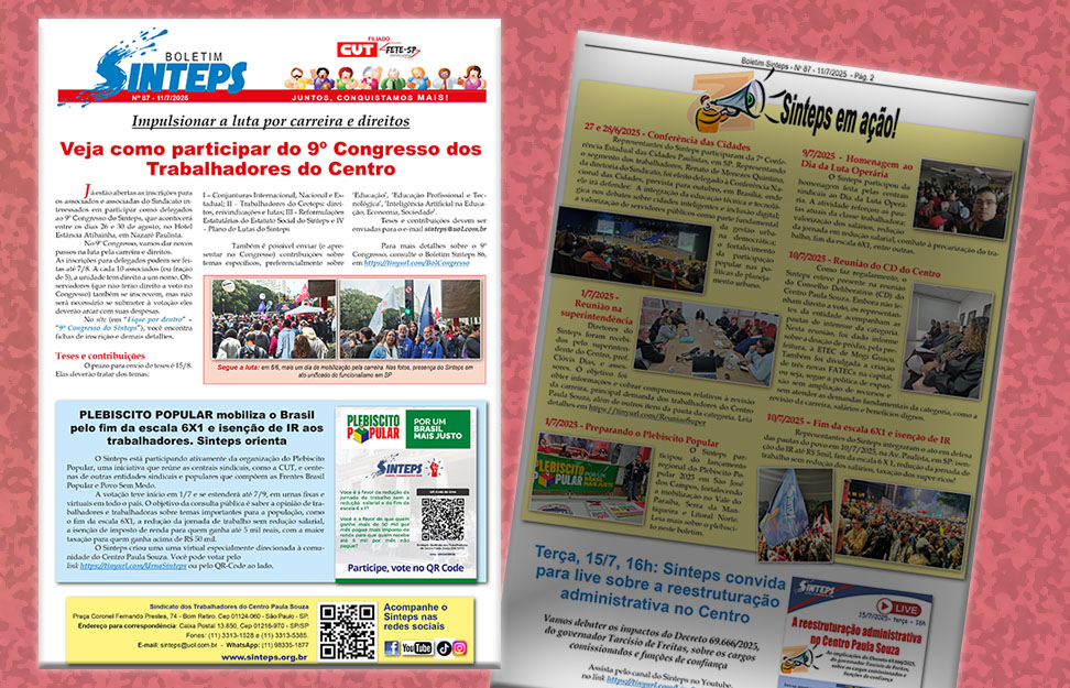 Congresso, luta pela carreira, live sobre reforma administrativa, plebiscito popular... Confira detalhes no Boletim Sinteps
