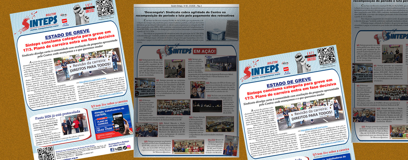 Boletim Sinteps 93 já está no ar: Mobilização pela carreira, Pauta/2026, live dia 5/3, ‘descongela’