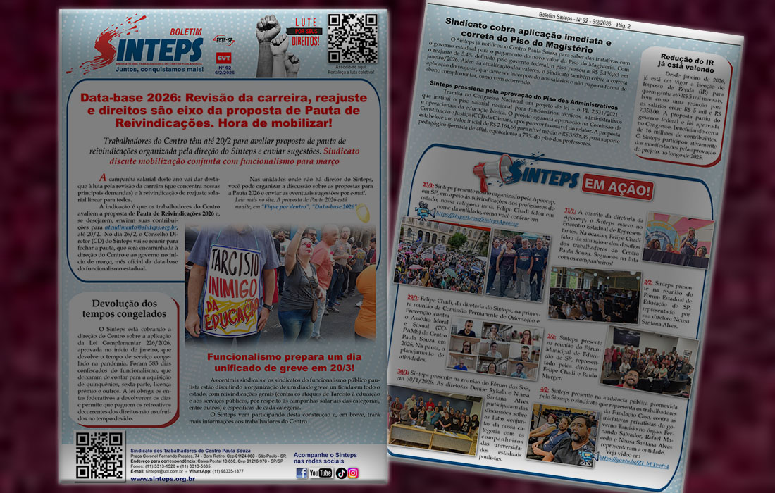 Boletim Sinteps 92 traz notícias sobre a data-base 2026. Revisão da carreira, reajuste e direitos são eixo da proposta de pauta