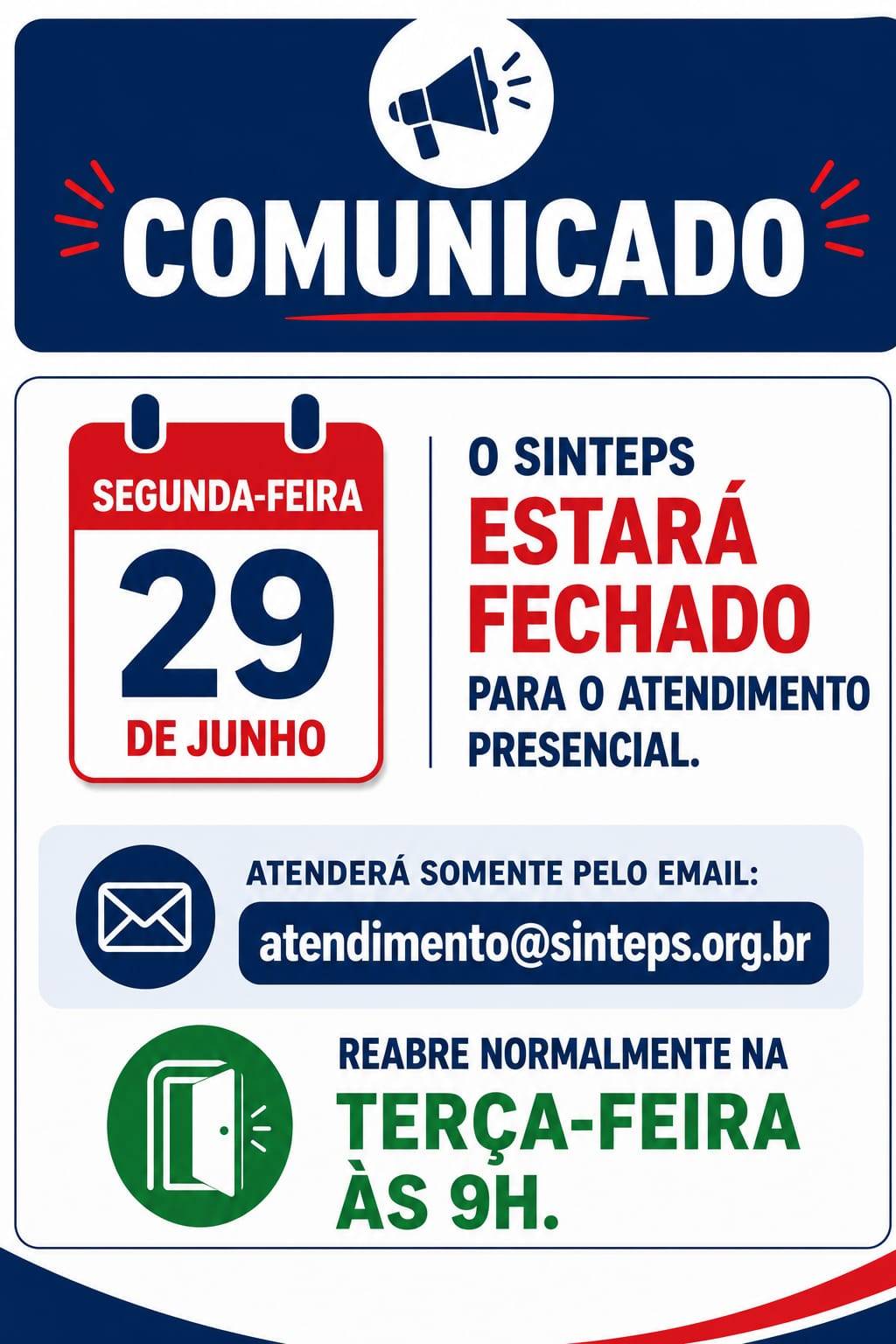 Não haverá atendimento presencial nesta segunda-feira (29)